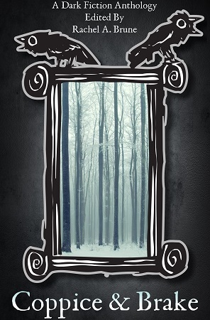 Image: A black and white frame sits around an image of tall, bare trees in a snowy forest. Text: "A Dark Fiction Anthology Edited By Rachel A. Brune. Coppice & Brake."